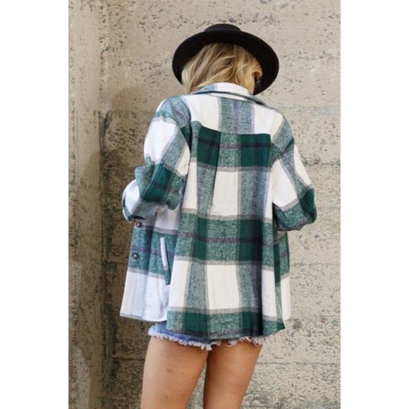 SOLD OUT Hunter Green Brushed Plaid Flannel Button Up Relaxed Shacket Jacket - Picture 4 of 5